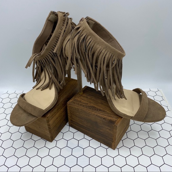 Wild Diva Tan Suede heels with Ankle Fringe - Picture 2 of 6